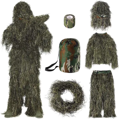 Miniatura 10 de Seeutek Traje Ghillie 5 en 1 – Trajes de caza de camuflaje 3D – chaqueta, pantalones, capucha, bolsa de transporte para adultos y jóvenes, M/L