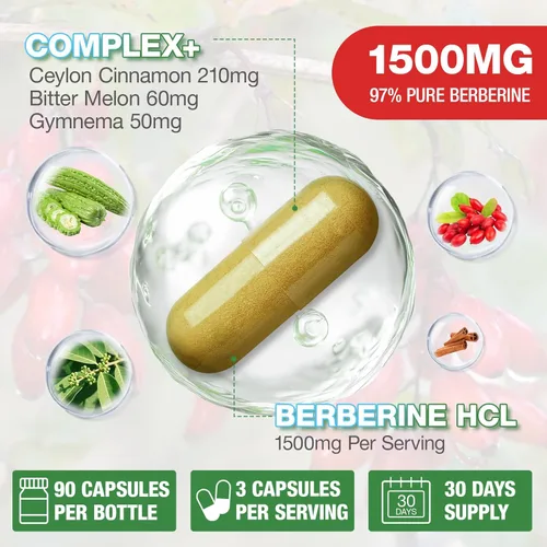 Miniatura 2 de Suplemento de berberina de 1500 mg – Berberina HCl de primera calidad 97% pureza Berberina más canela de Ceilán pura, berberina de alta potencia