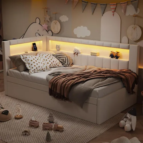 Miniatura 5 de Cama de plataforma tapizada de tamaño individual con puertos USB y luces LED, sofá cama con nido y cabecera en forma de L, cama esquinera suave