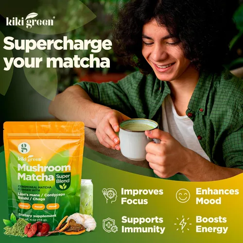 Miniatura 4 de KIKI Green Mushroom Matcha Powder Super Blend 4 oz – Alternativa de café de hongos para una mejor energía, concentración e inmunidad – con melena