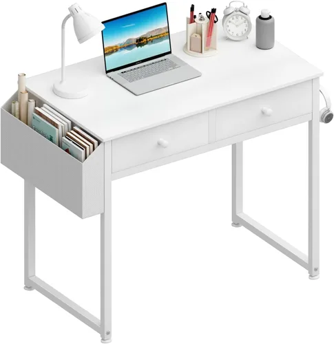 Miniatura 11 de Lufeiya - Escritorio con cajones para dormitorio, oficina en casa, con 3 cajones de almacenamiento de tela y bolsillo, mesa de estudio para Marrón