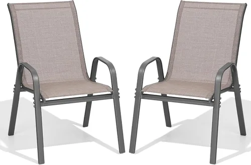 Miniatura 10 de Juego de 2 sillas de patio, sillas de comedor exterior apilables de fácil montaje con respaldo alto y asiento ancho, sillas exteriores transpirables