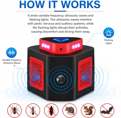 Miniatura 5 de Tirgo Repelente de ratones, enchufe ultrasónico, repelente de plagas ultrasónico para interiores con 4 modos y luz intermitente, bloqueador Rojo