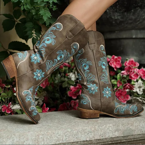 Miniatura 3 de IUV Botas vaqueras para mujer, botas occidentales de media pantorrilla, pestañas sin cierre, botas puntiagudas