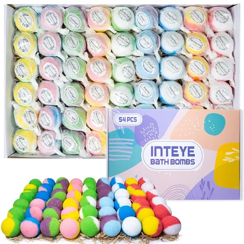 INTEYE Set de regalo de bombas de baño de lujo, 54 sales de baño minerales nutritivas para la piel con aceites esenciales naturales y 9 aromas,