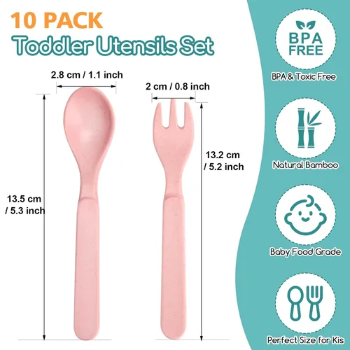 Miniatura 6 de Shopwithgreen Juego de utensilios de bambú para niños pequeños, juego de cucharas y tenedores para bebés y niños pequeños, juego de cubiertos