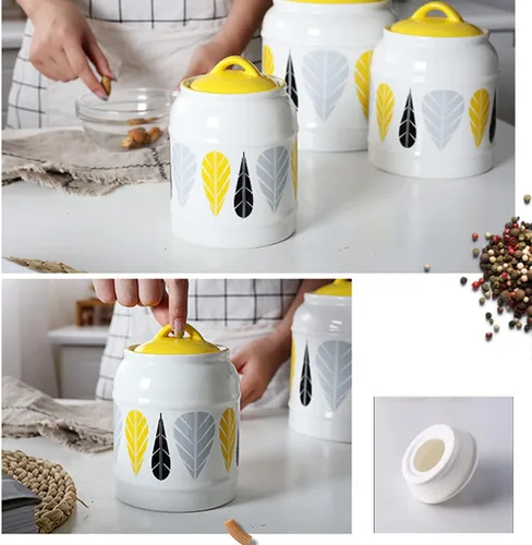 Miniatura 4 de Recipiente de cocina hermético con tapas, diseño simple y fresco recipiente de cerámica para almacenamiento de alimentos - Hojas amarillas