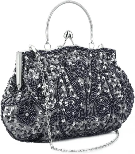 Miniatura 2 de Vistatroy Bolso de noche de diseño floral con cuentas con diseño de lentejuelas vintage cierre de beso bolso de mano de satén bolso de mano
