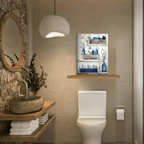 Miniatura 6 de BJVJKSU Arte de Pared Decoración de Baño Azul Marino Decoración de Pared Rústica de Lienzo Azul para Baño Letrero de Por Favor Siéntate Impresión