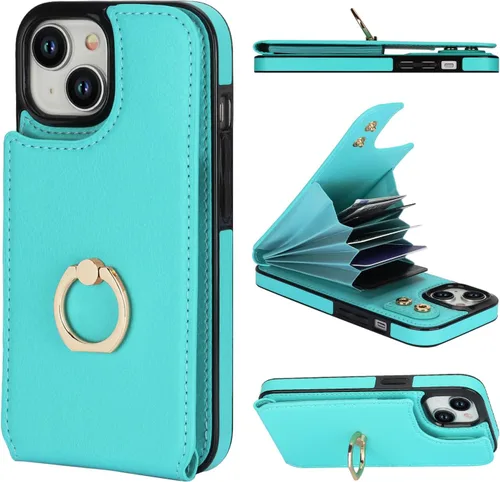 Miniatura 13 de Folosu Compatible con iPhone 15 Funda cartera con tarjetero con rotación de 360°, soporte de anillo de dedo con función atril, bloqueo RFID