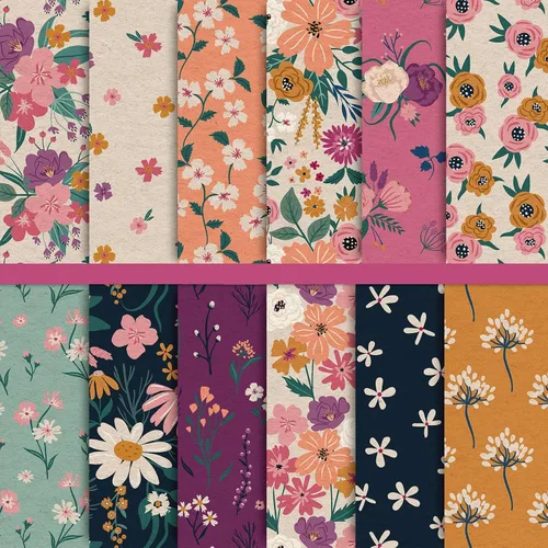 Whaline Paquete de 24 hojas de papel con patrón floral de primavera, 12 diseños, papeles vintage para álbumes de recortes, colección de doble cara,