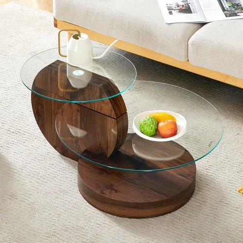 Miniatura 13 de Mesa de centro de vidrio de 35.4 pulgadas, mesa de centro redonda pequeña, mesa de vidrio templado de 2 niveles con base de madera, mesa central