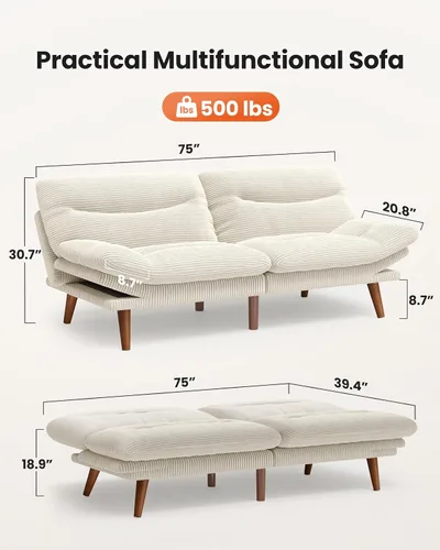 Miniatura 2 de Sofá cama futón de 75 pulgadas, futón 3 en 1 con respaldo y reposabrazos ajustables, sofá cama convertible pequeño plegable con cojín extraíble