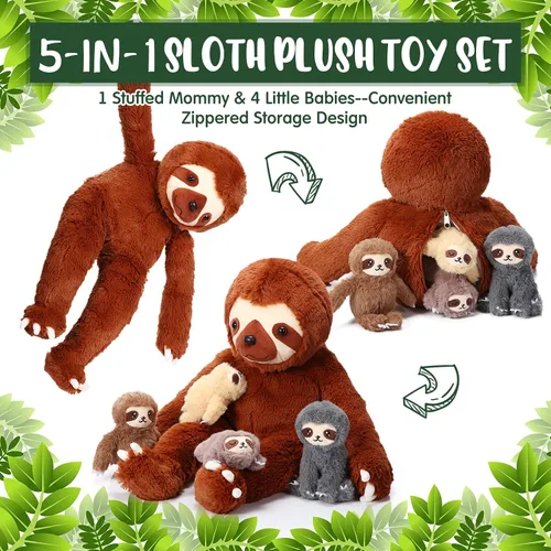Miniatura 3 de Kasyat Juego de 5 juguetes de peluche de perezoso de 13 pulgadas con 4 lindos peluches de bebé en vientre con cremallera para niños, regalos
