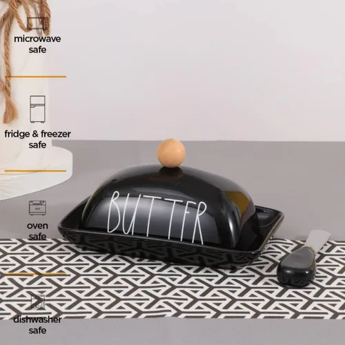 Miniatura 5 de oskas Mantequillera negra de porcelana de granja con tapa y cuchillo para encimera