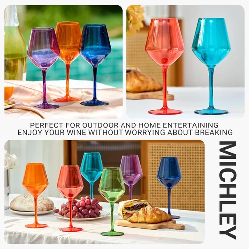 Miniatura 6 de MICHLEY Juego de 6 copas de vino de colores de tallo largo, color rojo y blanco, cristalería de plástico de tritán, regalo de 15 onzas para fiestas