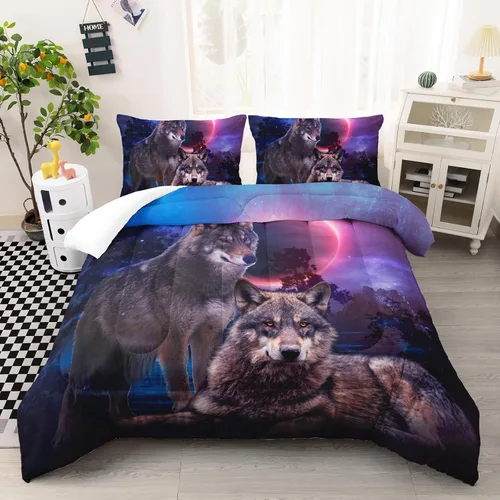 Miniatura 25 de AILONEN Juego de edredón con cabeza de lobo impresa tamaño individual, juego de ropa de cama de lobo para la noche para niños y hombres, juego