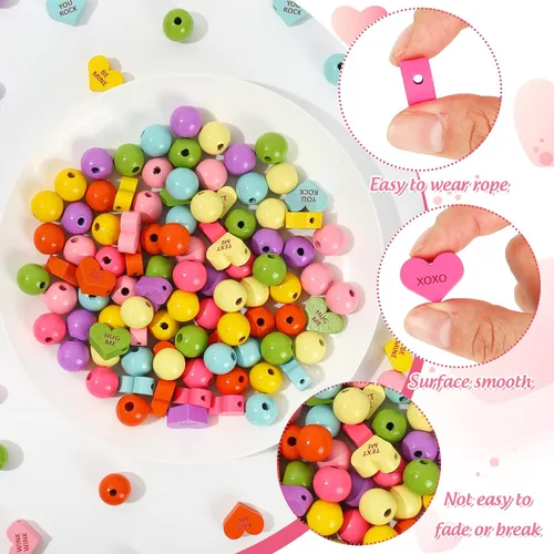 Miniatura 3 de Whaline 200 cuentas de madera para el día de San Valentín, cuentas de madera de corazón de conversación de dulces con cuerda de cáñamo, cuentas