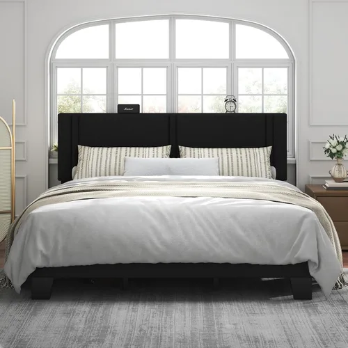 Miniatura 16 de Feonase - Base de cama de tamaño individual con plataforma tapizada, base de cama tapizada con respaldo abatible, listones de madera maciza y Gris