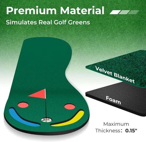 Miniatura 3 de Tangkula Alfombra de golf verde de 10 pies x 3 pies, tapete de golf para práctica en interiores y exteriores con 1 bandera, 3 tazas de putting
