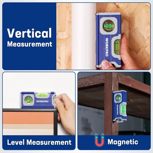Miniatura 7 de WORKPRO Nivel pequeño, mini herramienta de nivel de 4-1/2 pulgadas, nivel de bolsillo magnético con 2 burbujas diferentes 90°/180°, construcción