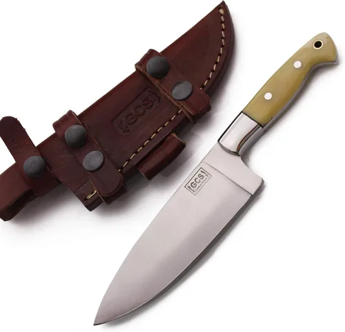 Miniatura 3 de Cuchillo de chef de acero con mango de hueso hecho a mano GCS D2 con funda de cuero, hoja de espiga completa diseñada para caza y EDC GCS 179