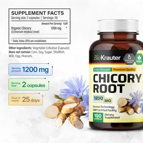 Miniatura 3 de BIO KRAUTER® Raíz de achicoria para apoyo intestinal y digestivo, prebióticos veganos puros y suplemento de fibra en cápsulas de 1200 mg por
