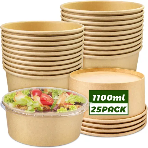Miniatura 15 de Paquete de 50 cuencos de papel de 25 onzas, recipientes de comida desechables con tapas, cuencos desechables, cuencos para ensalada desechables
