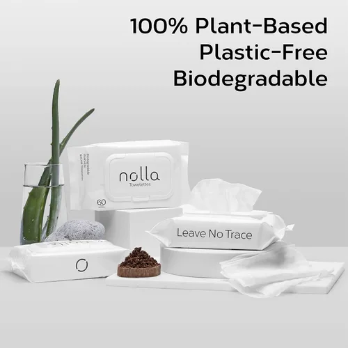 Miniatura 6 de Nolla Toallitas desechables, 100% a base de plantas, sin plástico y biodegradables, para adultos y niños, sin perfume, aloe calmante y vitamina E