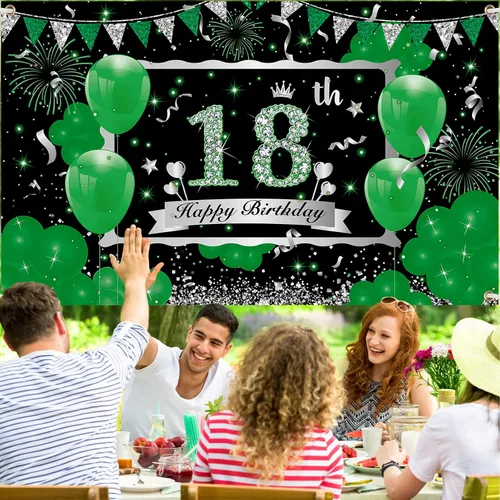 Miniatura 3 de Cartel verde de cumpleaños número 18 – Cartel grande plateado de feliz 18 para niños y niñas – 73 x 44 pulgadas