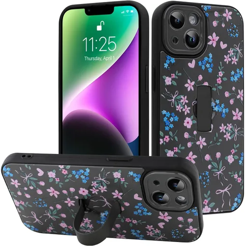 Miniatura 140 de Funda diseñada para iPhone 17 Pro Max con soporte plegable y correa para dedos, bonito patrón de lazo de corazón de flor rosa para mujeres y niñas