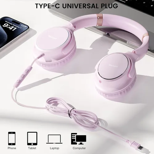 Miniatura 5 de Auriculares con cable USB C sobre la oreja con micrófono, control de volumen, puerto compartido y diadema ajustable, auriculares estéreo plegables