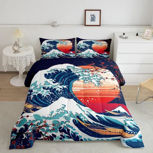 Feelyou - Juego de edredón de olas japonesas tamaño queen para niños, flores de cerezo, edredón para niños, niñas y adolescentes, decoración de Azul