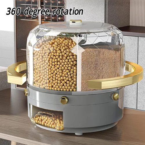 Miniatura 5 de Contenedor de almacenamiento de granos, caja dispensadora de arroz giratoria, dispensador de granos de 6 rejillas, dispensador de alimentos