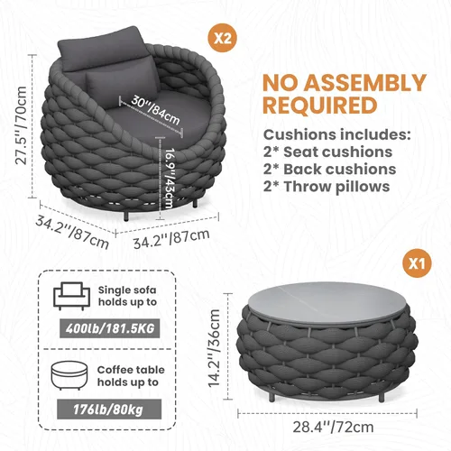 Miniatura 7 de Juego de muebles de porche delantero, 3 piezas: juego de sofá de conversación de patio de cuerda tejida de aluminio para 2 – Juego de sillones
