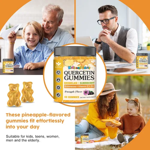 Miniatura 5 de Gomitas de quercetina con bromelina para adultos y niños, 800 mg de quercetina con bromelina, saúco, vitamina C, D3, inmune, apoyo de bienestar