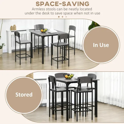 Miniatura 5 de HOMCOM Mesa de barra de altura de mostrador de 5 piezas con diseño que ahorra espacio, juego de mesa de cocina cuadrada y sillas con reposapiés