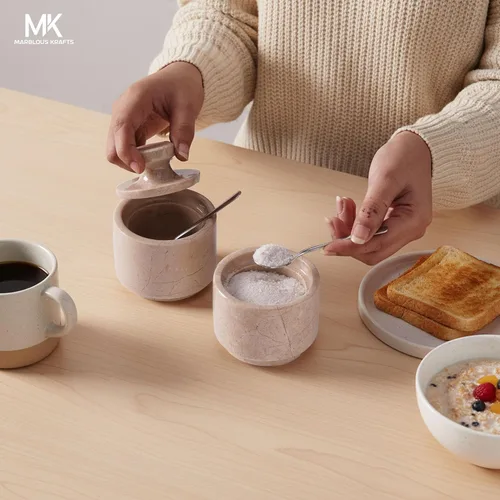 Miniatura 4 de MARBLOUS KRAFTS Salero de mármol 3" de piedra Verona, ideal para regalos de Navidad, juego de 2 contenedores de almacenamiento de café para encimera