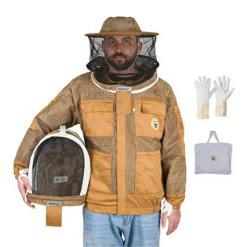 BP-302 Apicultura con velo de 3 capas ultra ventilado con cremalleras YKK y cercas de seguridad para velo redondo marrón profesional (3XL)