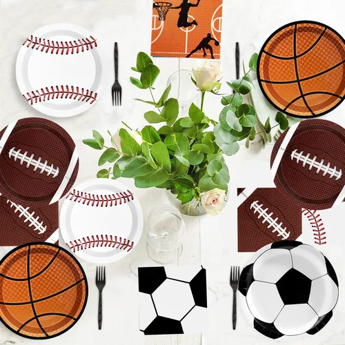 Miniatura 6 de Decoraciones deportivas para fiestas de cumpleaños, 80 unidades, platos y servilletas para fiestas deportivas, béisbol, fútbol, baloncesto, rugby
