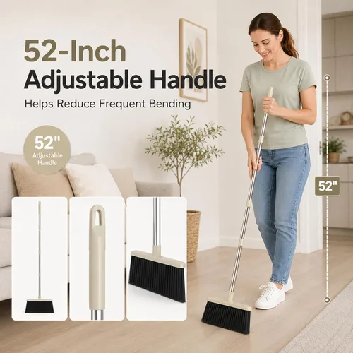 Miniatura 4 de Juego de escoba y recogedor, mango largo ajustable de 52 pulgadas con dientes de peine autolimpiantes, labio TPR flexible y recogedor plegable