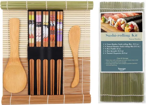 TOSSOW - Kit de fabricación de sushi – Incluye 2 alfombrillas de rodillo de sushi, 1 paleta de arroz, 1 esparcidor de arroz y 5 pares de palillos de