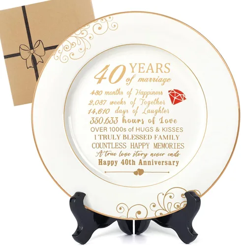 Urllinz Regalos de Boda del 40º Aniversario para Esposa - Plato de 40 Años de Aniversario con Lámina de Oro de 24k, Decoraciones Alegres para