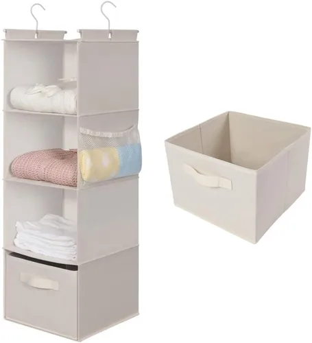 MAX Houser Organizador colgante para armario de 4 estantes, ahorro de espacio, estantes colgantes de tela con 2 bolsillos laterales, plegable (beige)