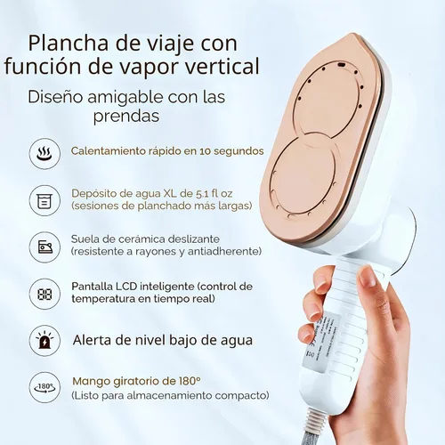Miniatura 2 de Vaporizador de viaje, vaporizador portátil de 1200 W para ropa, calentamiento rápido de 10 segundos, plancha a vapor para ropa con LED, mango