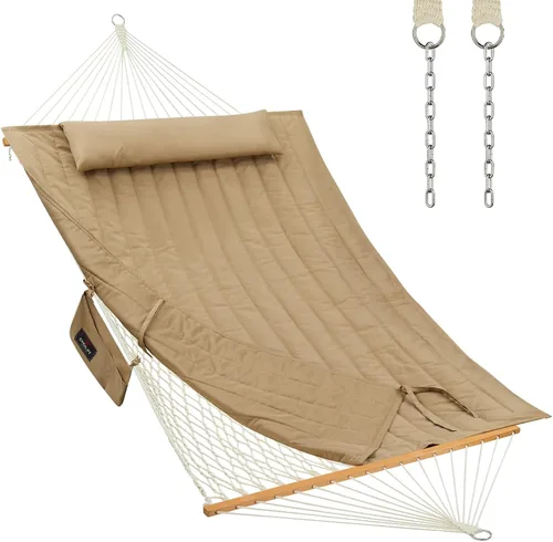 CHULIM - Hamaca doble para exteriores con barras separadoras de madera dura, hamaca grande de cuerda con almohada de poliéster y cojín, capacidad de