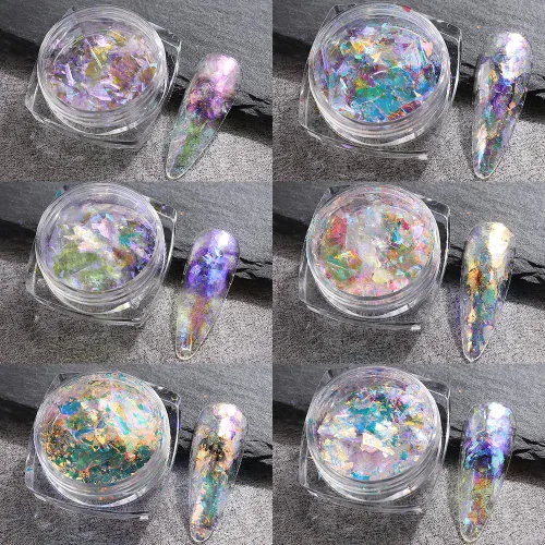 Miniatura 3 de Polvo de uñas cromado iridiscente, 6 cajas de copos de ópalo de fuego de cristal para arte de uñas, lentejuelas holográficas de sirena con purpurina