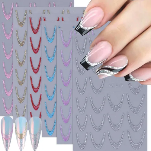 Calcomanías de uñas de línea francesa, calcomanías de uñas de punta francesa con purpurina colorida 3D, autoadhesivas en 3D, puntas de uñas de línea