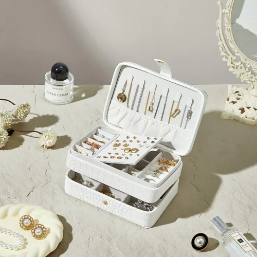 Miniatura 7 de Joyero pequeño de piel sintética para mujeres y niñas, estuche de joyería portátil de viaje de doble capa para anillo, colgante, aretes, collar
