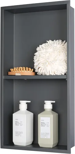 Miniatura 23 de Nicho de ducha empotrado de 24 x 12 pulgadas con estantes dobles, inserto de pared de acero inoxidable negro mate, no necesita azulejos